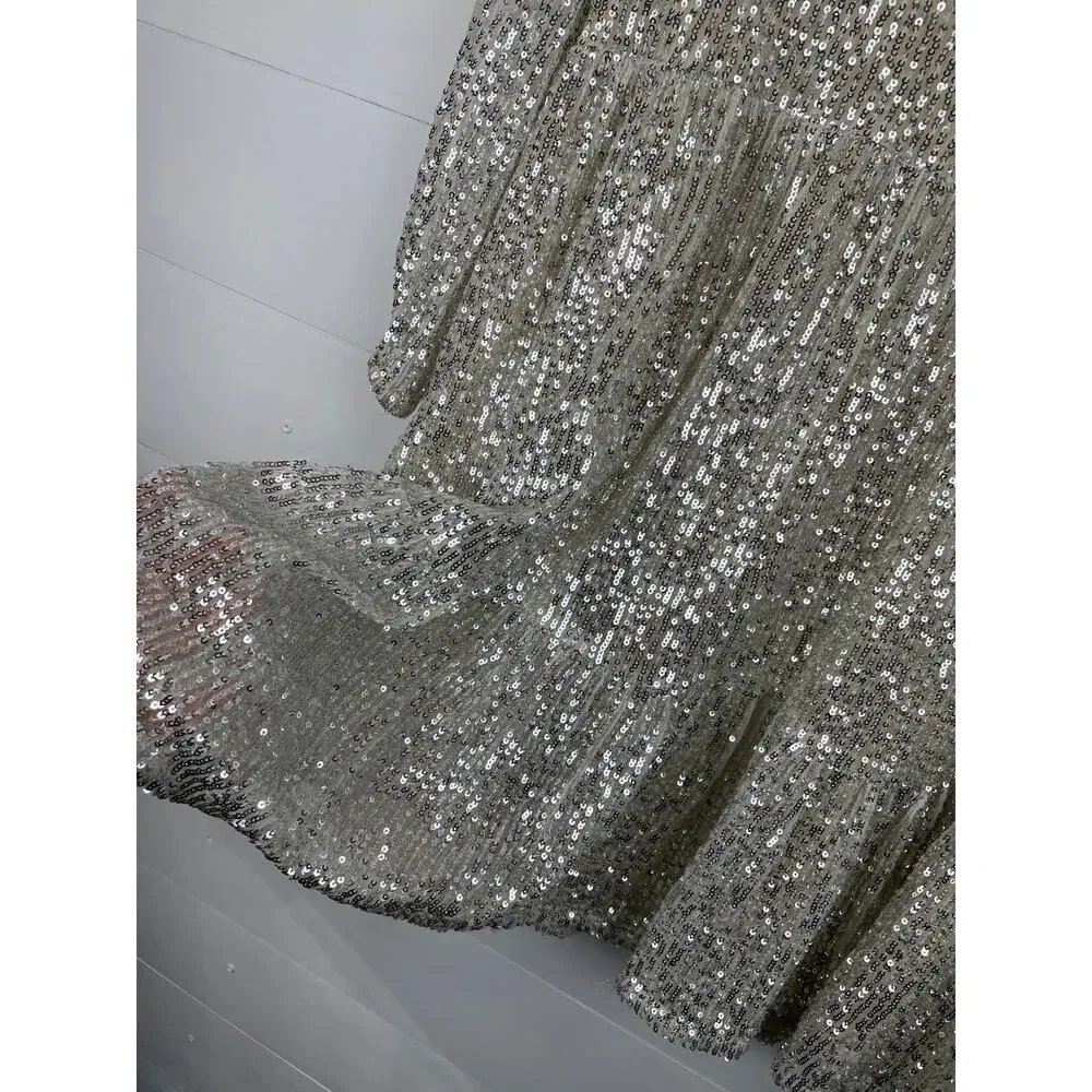 Vineyard Vines Silver Sequin V-Neck Tiered Dress Size XL Holiday NYE